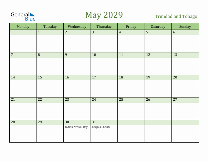 May 2029 Calendar with Trinidad and Tobago Holidays