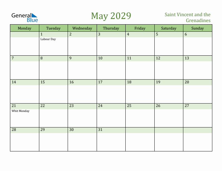 May 2029 Calendar with Saint Vincent and the Grenadines Holidays