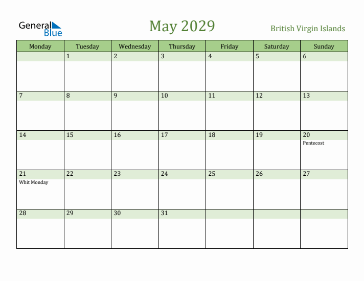 May 2029 Calendar with British Virgin Islands Holidays