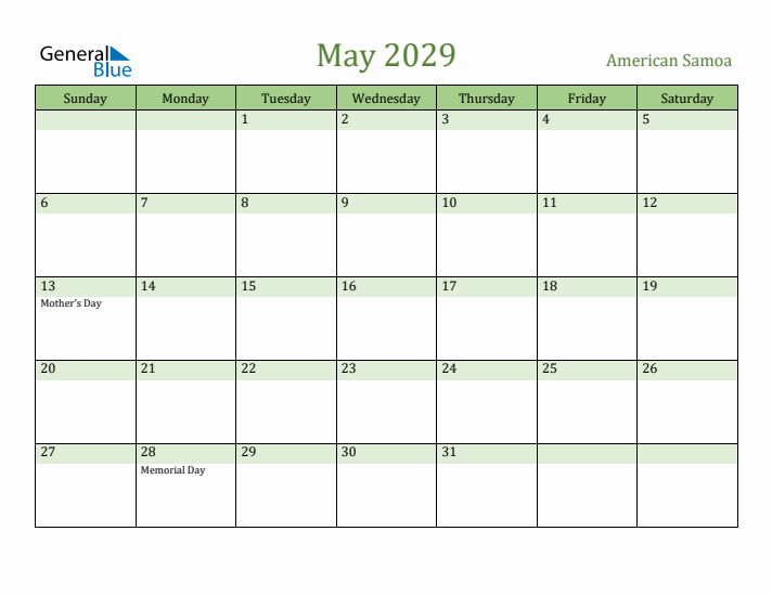 May 2029 Calendar with American Samoa Holidays