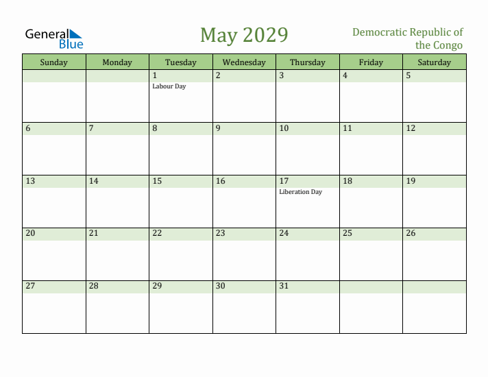 May 2029 Calendar with Democratic Republic of the Congo Holidays