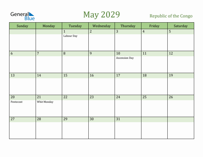 May 2029 Calendar with Republic of the Congo Holidays