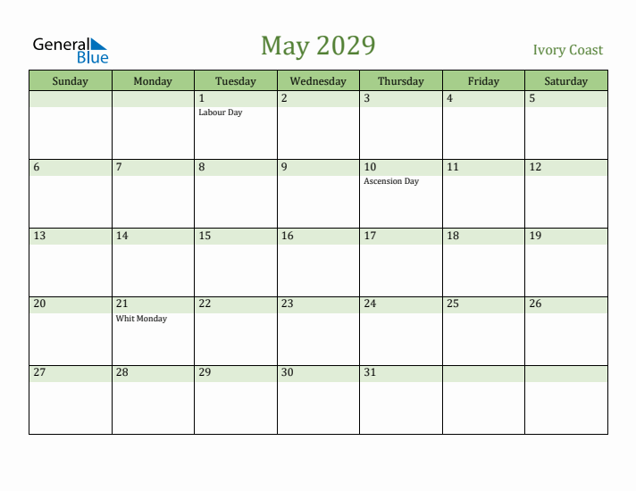 May 2029 Calendar with Ivory Coast Holidays