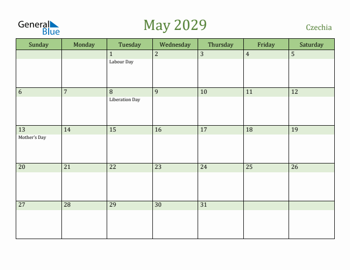 May 2029 Calendar with Czechia Holidays