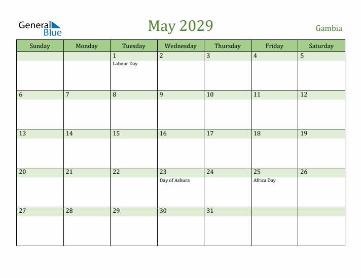 May 2029 Calendar with Gambia Holidays
