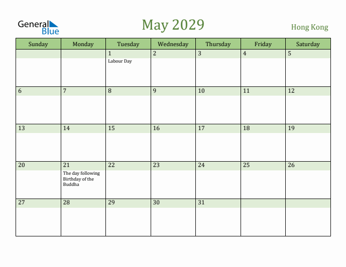 May 2029 Calendar with Hong Kong Holidays