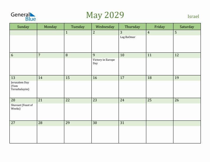 May 2029 Calendar with Israel Holidays