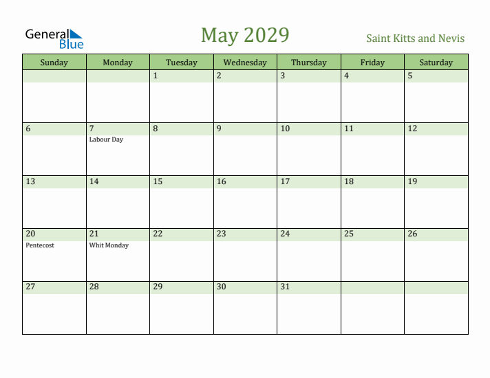 May 2029 Calendar with Saint Kitts and Nevis Holidays