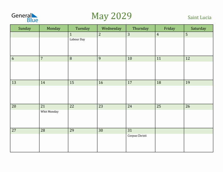 May 2029 Calendar with Saint Lucia Holidays