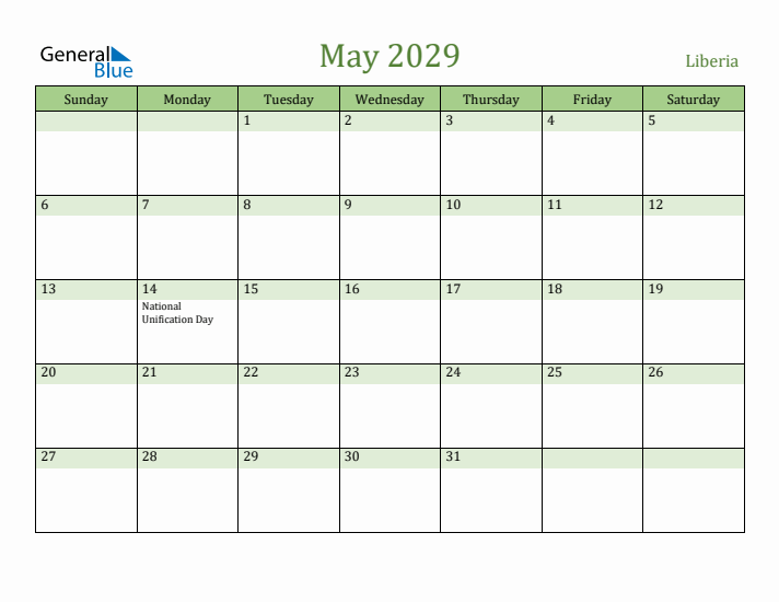 May 2029 Calendar with Liberia Holidays