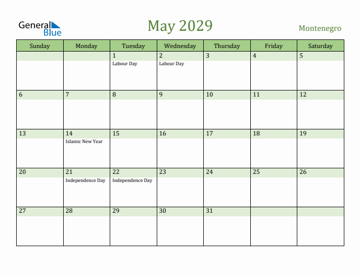 May 2029 Calendar with Montenegro Holidays