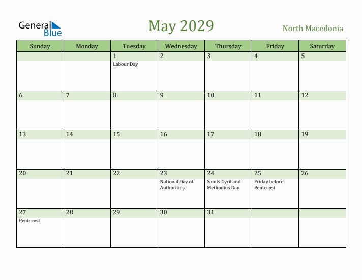 May 2029 Calendar with North Macedonia Holidays
