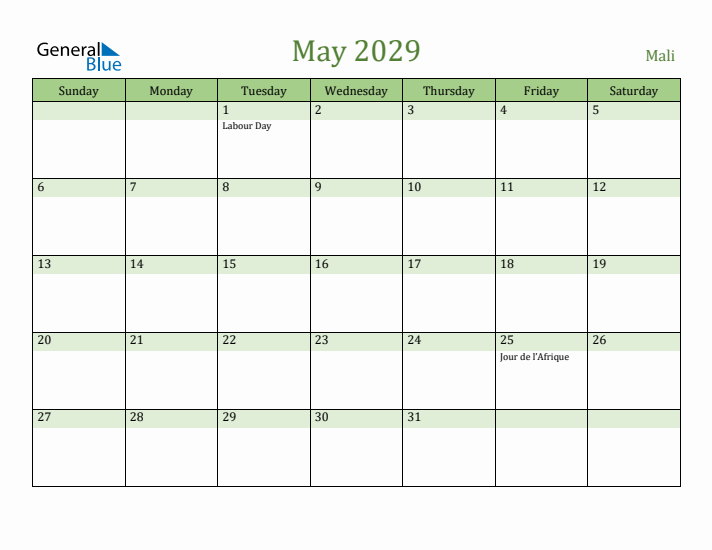 May 2029 Calendar with Mali Holidays