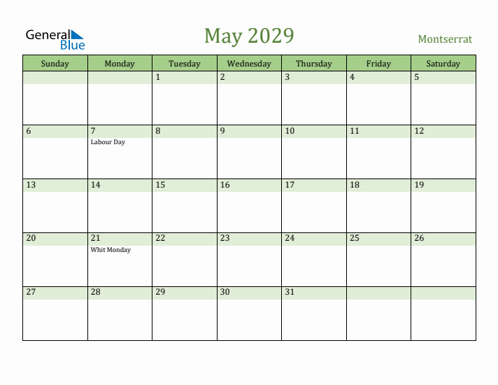 May 2029 Calendar with Montserrat Holidays