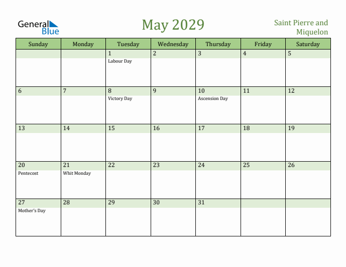 May 2029 Calendar with Saint Pierre and Miquelon Holidays
