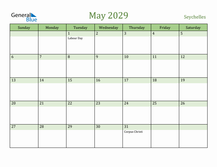 May 2029 Calendar with Seychelles Holidays