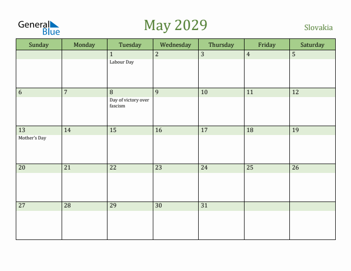 May 2029 Calendar with Slovakia Holidays
