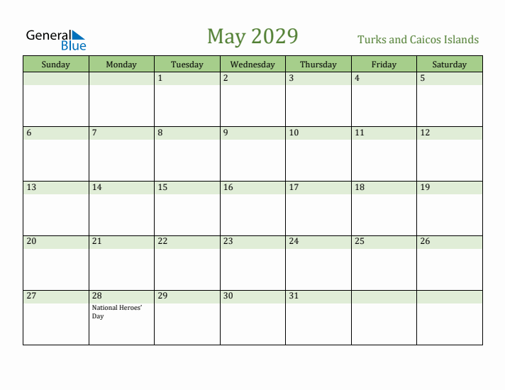 May 2029 Calendar with Turks and Caicos Islands Holidays