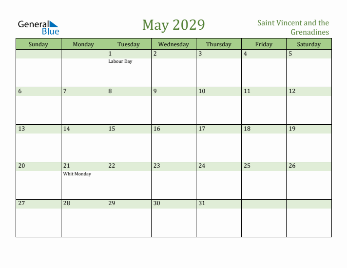 May 2029 Calendar with Saint Vincent and the Grenadines Holidays