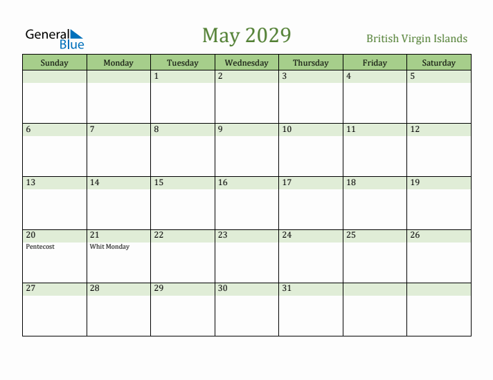 May 2029 Calendar with British Virgin Islands Holidays