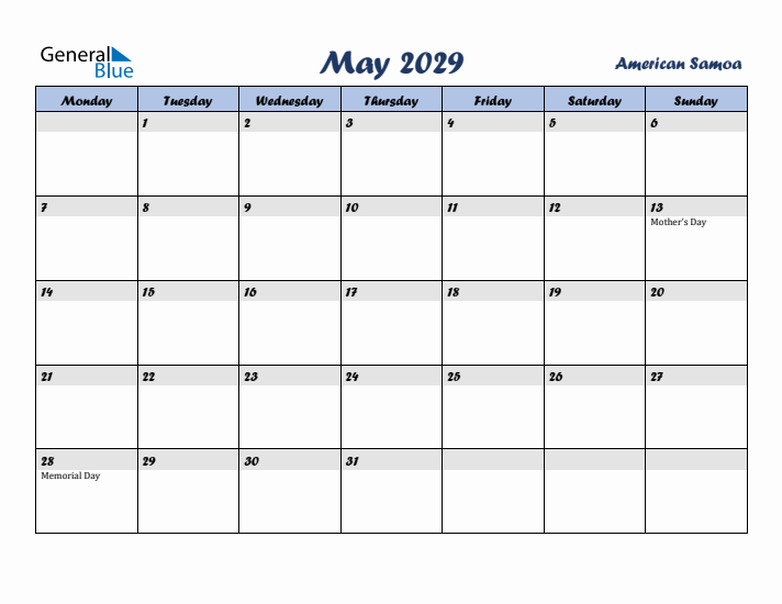 May 2029 Calendar with Holidays in American Samoa