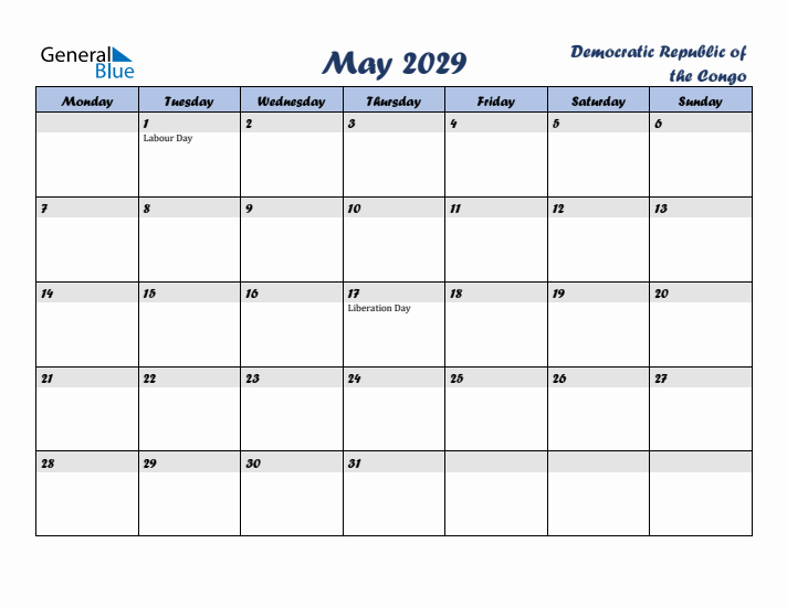 May 2029 Calendar with Holidays in Democratic Republic of the Congo