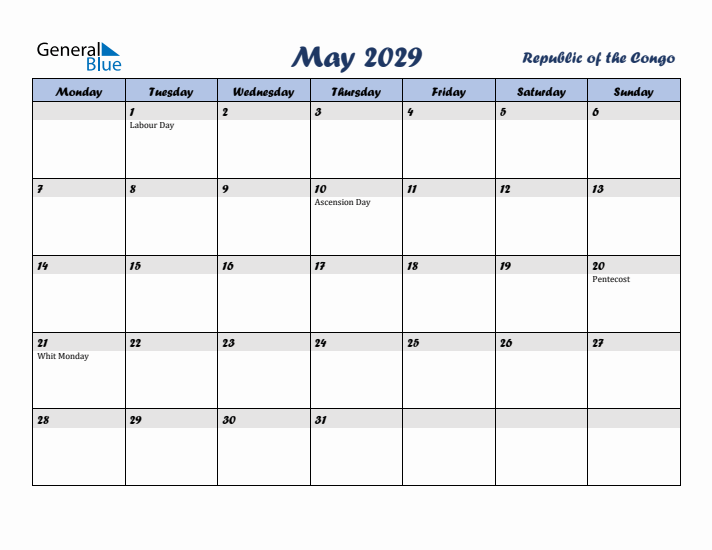 May 2029 Calendar with Holidays in Republic of the Congo