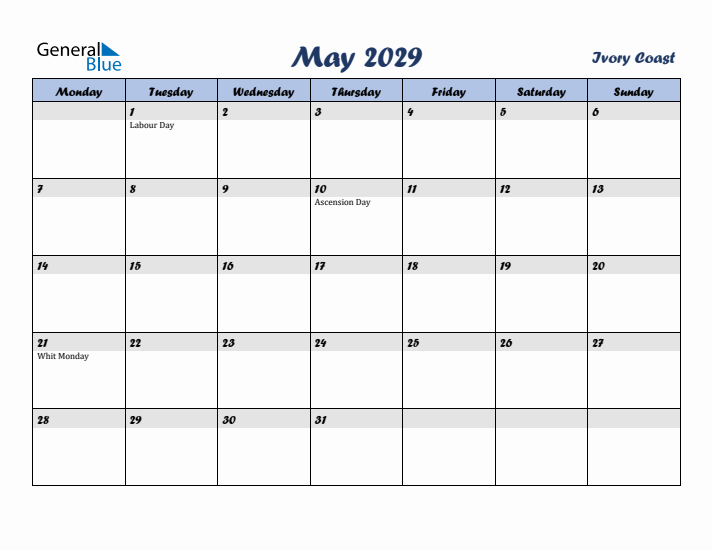 May 2029 Calendar with Holidays in Ivory Coast
