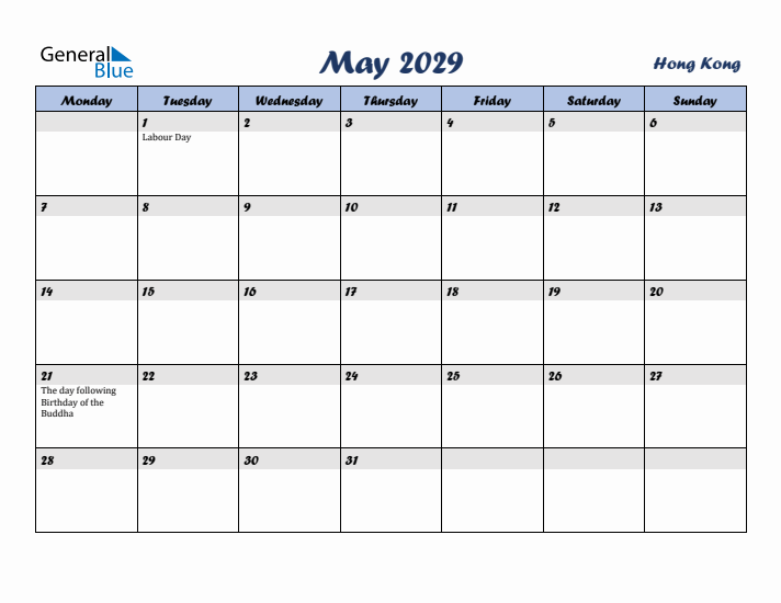 May 2029 Calendar with Holidays in Hong Kong