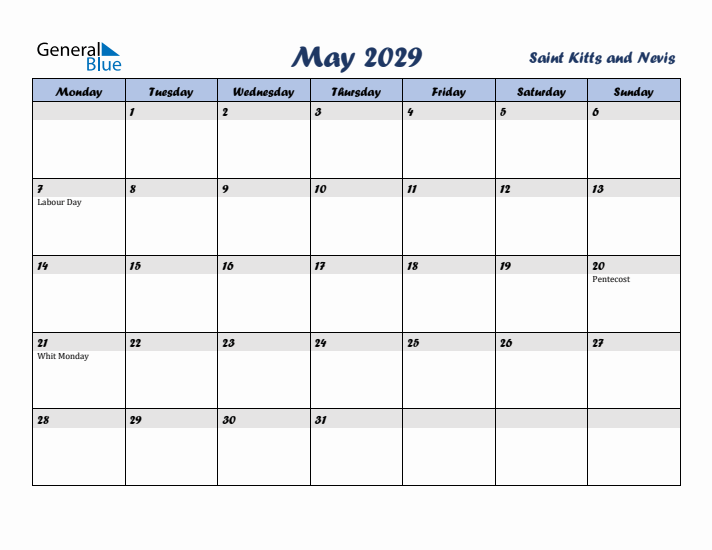 May 2029 Calendar with Holidays in Saint Kitts and Nevis