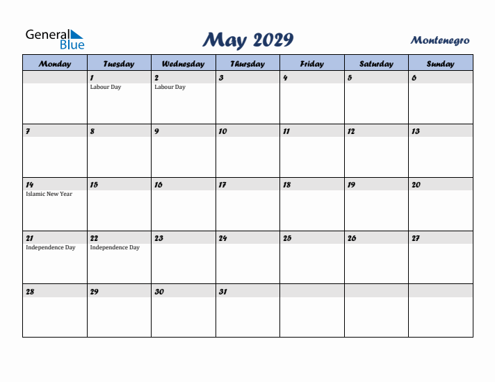 May 2029 Calendar with Holidays in Montenegro