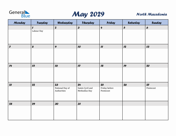 May 2029 Calendar with Holidays in North Macedonia