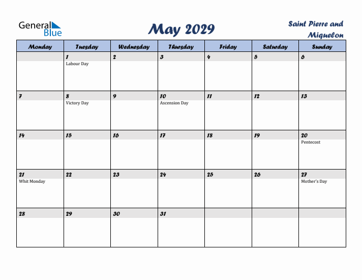 May 2029 Calendar with Holidays in Saint Pierre and Miquelon