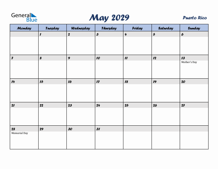 May 2029 Calendar with Holidays in Puerto Rico