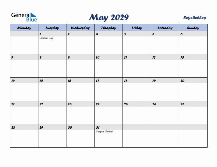 May 2029 Calendar with Holidays in Seychelles