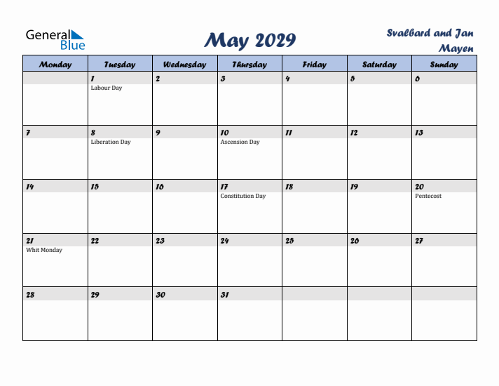 May 2029 Calendar with Holidays in Svalbard and Jan Mayen