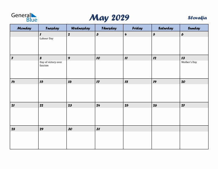 May 2029 Calendar with Holidays in Slovakia