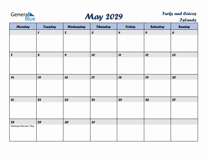 May 2029 Calendar with Holidays in Turks and Caicos Islands