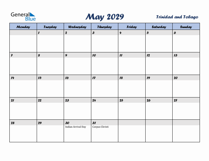 May 2029 Calendar with Holidays in Trinidad and Tobago