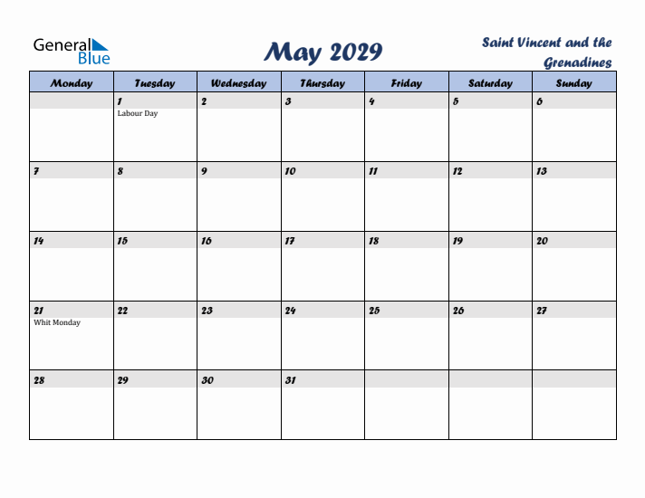 May 2029 Calendar with Holidays in Saint Vincent and the Grenadines