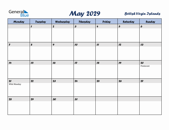 May 2029 Calendar with Holidays in British Virgin Islands