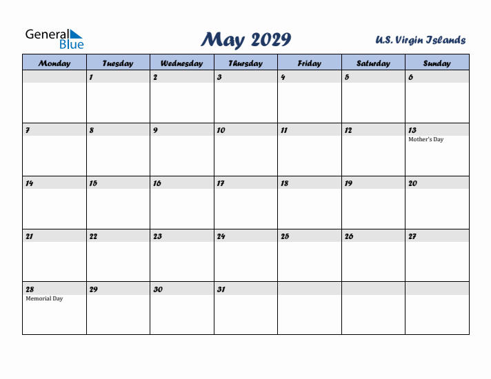 May 2029 Calendar with Holidays in U.S. Virgin Islands