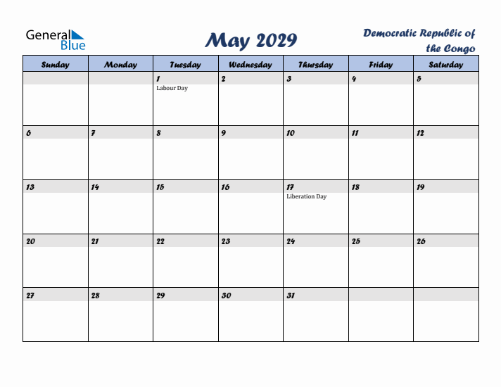 May 2029 Calendar with Holidays in Democratic Republic of the Congo