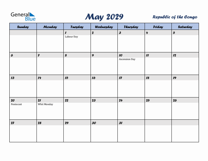 May 2029 Calendar with Holidays in Republic of the Congo