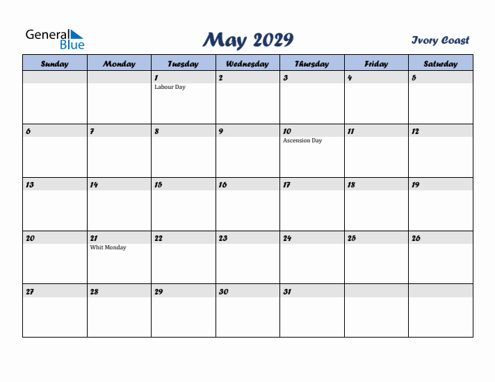 May 2029 Calendar with Holidays in Ivory Coast