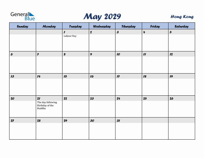 May 2029 Calendar with Holidays in Hong Kong