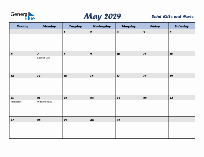 May 2029 Calendar with Holidays in Saint Kitts and Nevis