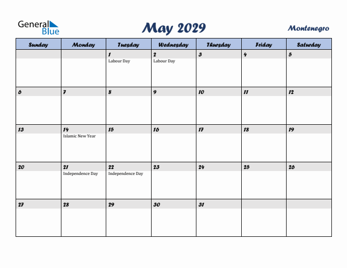 May 2029 Calendar with Holidays in Montenegro