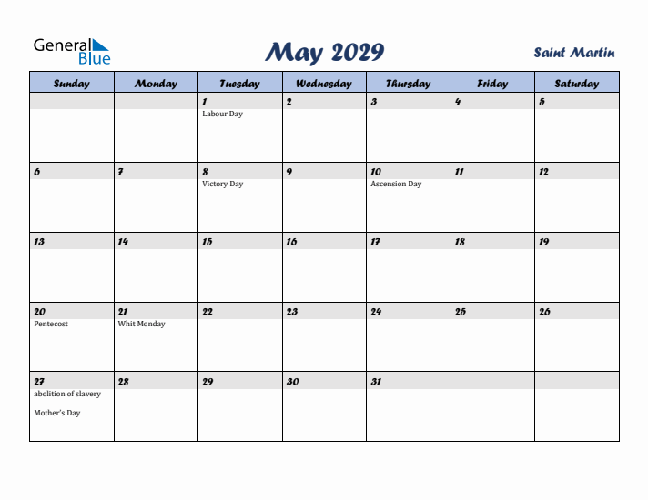 May 2029 Calendar with Holidays in Saint Martin