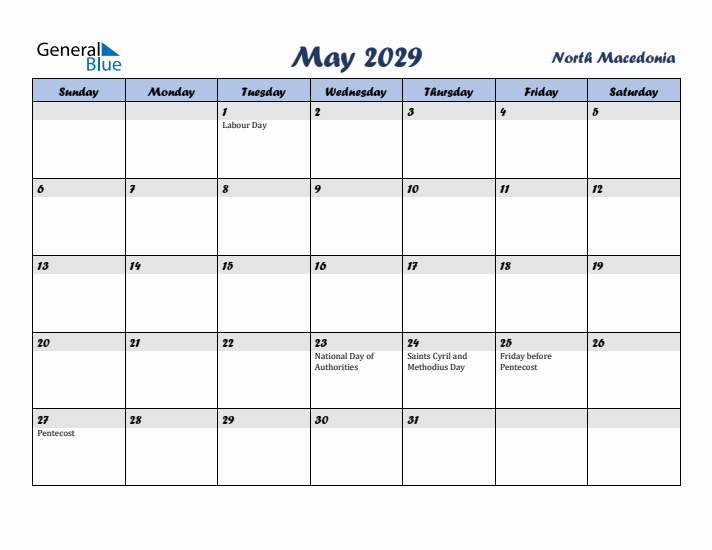 May 2029 Calendar with Holidays in North Macedonia